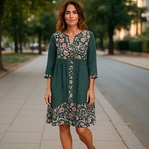 Boden Mollie Floral Patchwork Polka-Dot Printed U-Neck Midi‎ Dress, Size 8